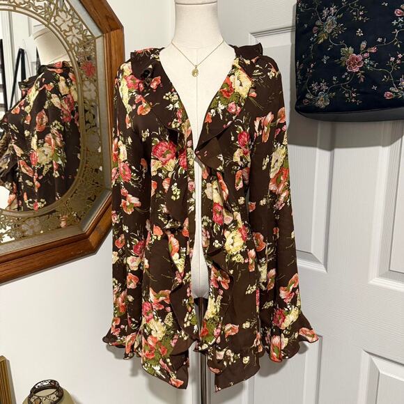VTG Dark Brown & Multicolor Floral Ruffled Long Flare Sleeve Open Front Cardigan - Picture 1 of 8